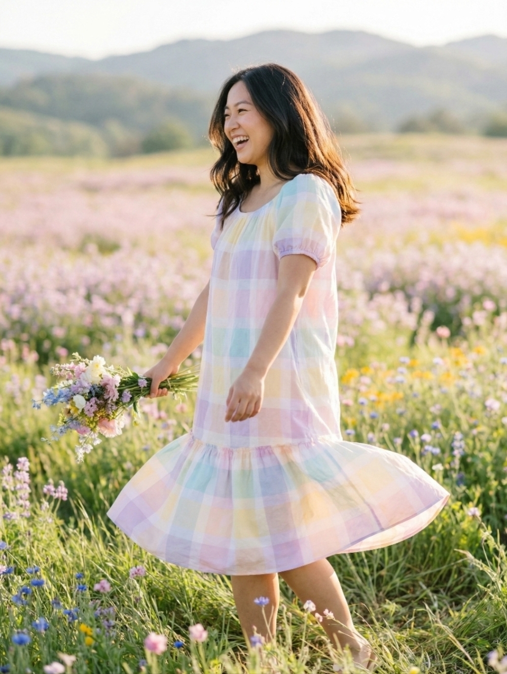 VINTAGE 60S 70S ANNE LESLIE PASTEL PLAID SHIFT MODCLOTH DRESS SZ M L